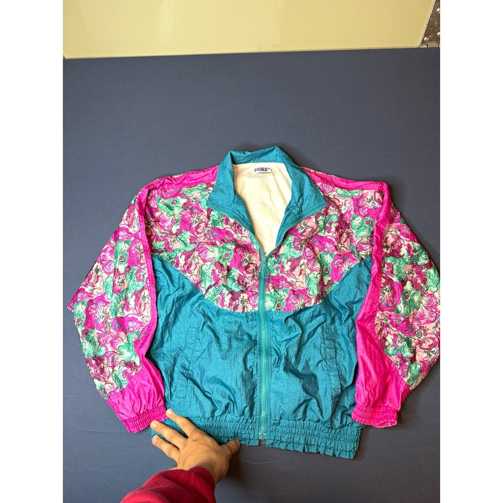 Vintage 90s Puma Floral Windbreaker Jacket Teal Pink Colorblock Retro